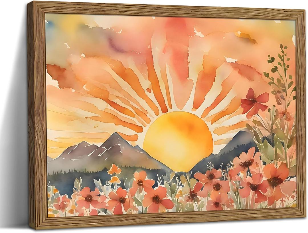 Framed Sunset Boho Wall Art for Living Room - Modern Abstract Floral Canvas Picture Boho Wall Decor, Sun Landscape Aesthetic Painting Poster Prints for Bedroom Home Office 16x24 inch