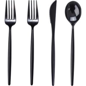 Rubtlamp 90Pcs Plastic Black Silverware, Black Disposable Cutlery, Plastic Utensils Heay Duty include 30 Plastic Knives 60 Plastic Black Forks and Spoons, Black Cutlery Set Disposable