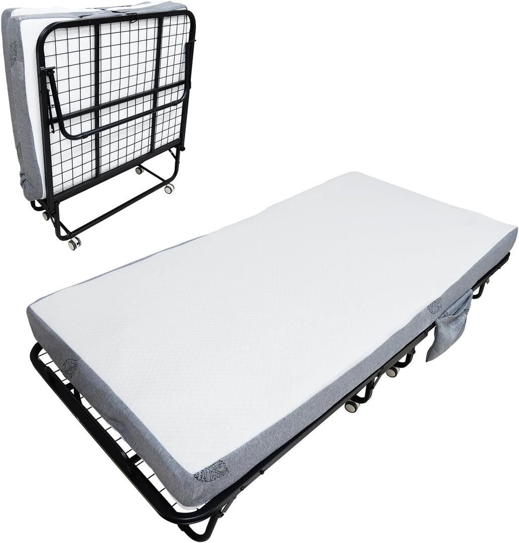 Garvee 75"x38" Folding Bed with Mattress, Portable Rollaway Bed for Adults | with 4" Memory Foam Mattress, Foldable Guest Bed with Metal Frame, Fold Up, Roll Away, Space Saving for Office, Apartment