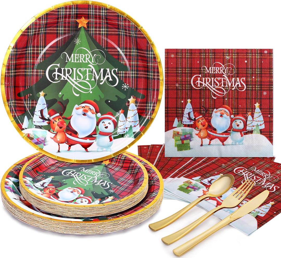 Christmas Plates and Napkins-Christmas Paper Plates Disposable Party Dinnerware Set Serves 24 Guests,Christmas Party Plates Set for Winter Holiday Decorations-Buffalo Plaid Party Supplies (Chrismas)
