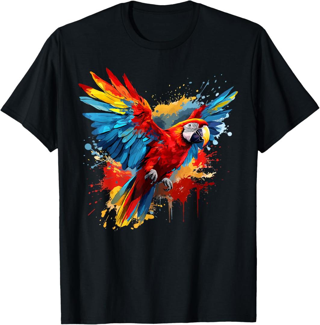 Splash Art Scarlet Macaw Parrot Lover Colorful T-Shirt, 2XL
