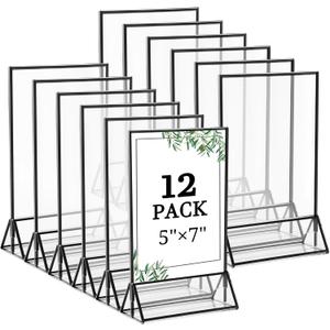 Floroom 12 Pack 5x7 Inch Clear Acrylic Sign Holders, Double-Sided Black Display Stand Picture Frames for Table Numbers, Menus, Flyers, Weddings, and Offices