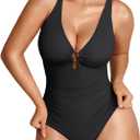 FeelinGirl Women Tummy Control One Piece Swimsuit Deep V Neck Design with Metal Rings Bathing Suit for Women (XX-Large, Black)