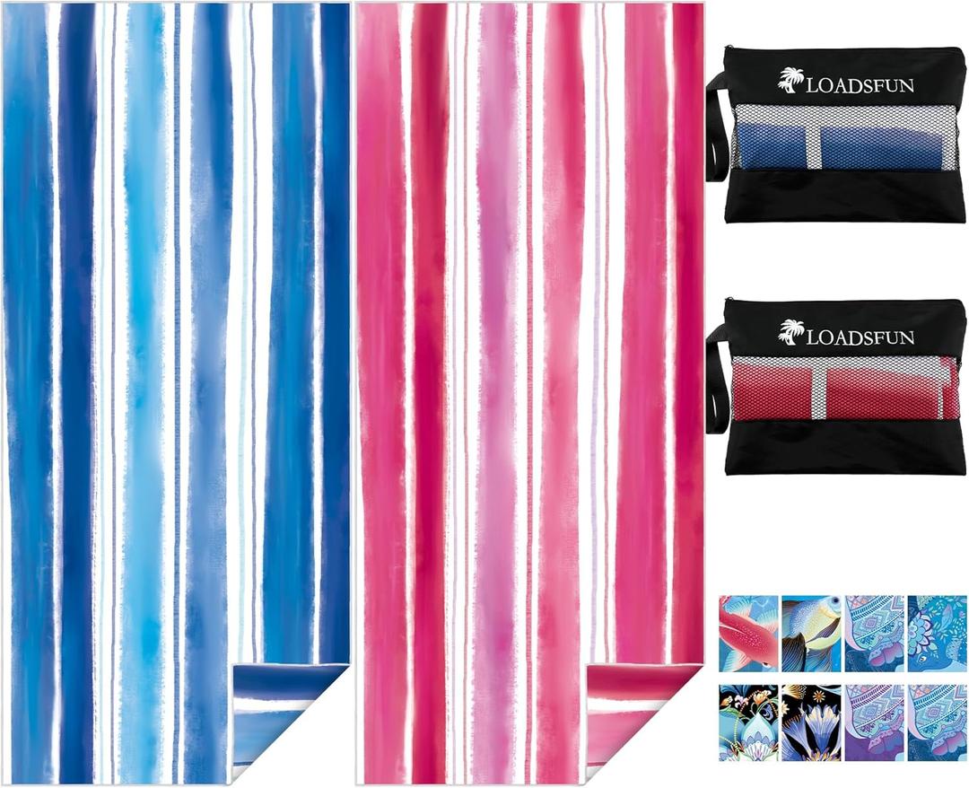 2 Pack Microfiber Beach Towel, 72"x32" Oversized Quick Dry Sand Free Towels for Travel Pool Camping Sports Beach Adults Vacation Essentials (Blue and Pink Stripes)