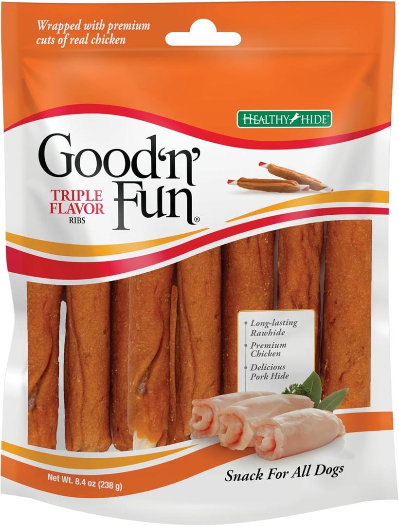 Good n Fun Triple Flavor Ribs Chews for All Dogs, 8.4 Ounces, Treat Your Dog to Long-Lasting Chews Made with Beef Hide, Chicken and Pork Hide