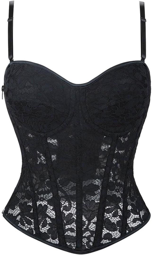 SHYMMUO Black Corset Top for Women Sexy Lace Floral Bustier Corset Tank Cami Top Gothic Lingerie Club Party Halloween Outfit (Large)