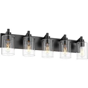 5-Light Bathroom Light Fixtures, 30 Inch Black Vanity Light with Cylinder Clear Glass Shade, Modern Vanity Lighting Fixtures Over Mirror, VL143-MB-5