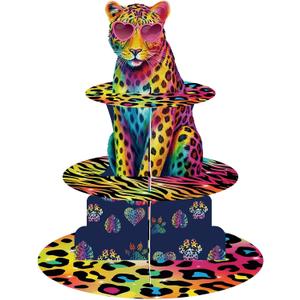 Rainbow Leopard Cupcake Stand Cheetah Print Birthday Party Decorations Cheetah Three-Tier Cake Stand Dessert Neon Animal-Themed Party Supplies