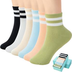 SISOSOCK Quarter Crew Cotton Socks for Women or Men Striped Athletic Socks Casual Socks 6-10 pairs with Gifts Box