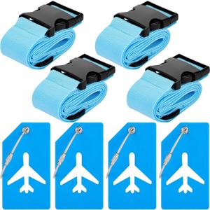 Weewooday 8 Pcs Luggage Straps Suitcase Tags Set for TSA Approved, 4 Travel Adjustable Suitcase Belt, 4 Silicone Luggage Tags with Name ID Card Travel Accessories(Blue,Airplane)