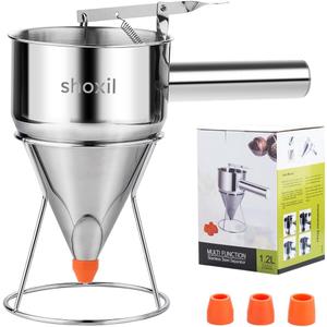 40oz Pancake Batter Dispenser, Stainless Steel Cake Dispenser with 4 Caliber Funnel & Stand, Baking Tools for Pancakes, Cupcakes & Baked Goods