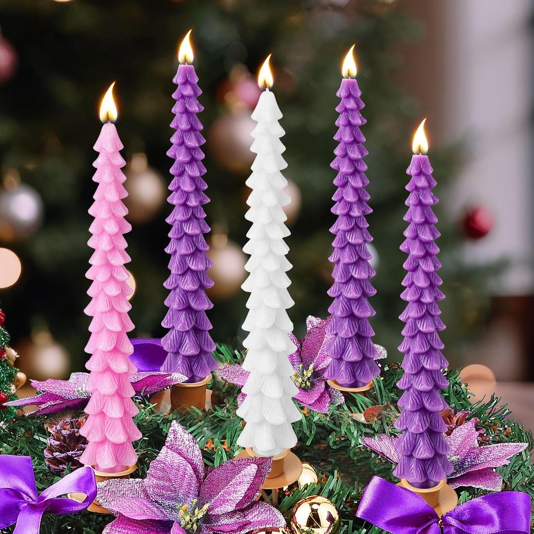 Enhon 5 Pcs Advent Candles Set, 10 Inch Tree Shaped Taper Candles, Unscented Beeswax Christmas Advent Wreath Candle for Xmas, Holiday, Church, Party, or Home Decor (Purple,Pink,White Style)