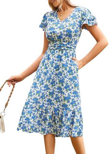 JASAMBAC Women's Casual Summer Midi Dress Ruffle Sleeve V Neck Smocked Tiered Ruffle Plus Size Dresses with Pockets, XXL