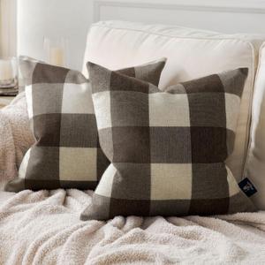 Phantoscope Pack of 2 Gingham Buffalo Check Plaid Throw Decorative Pillow Cover Outdoor Indoor Throw Pillows Farmhouse Square Pillow Cases for Home Decor Coffee,20 x 20 Inches