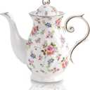 Agyiuns tea pot ceramic, Porcelain teapot with lid, 37oz for Tea, Milk, Coffee, Flower tea (White with small flowers)