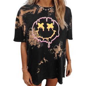 Avanova Women Tie Dye Oversized T Shirts Smiley Face Graphic Tees Short Sleeve Loose Fit Tops Tie Dye Brown W XX-Large (XXL)