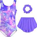 Idgreatim Girls Gymnastic Leotard Ballet Dance Dress Outfit with Removable Skirt Hair Scrunchie Combo 4-11 Years (Abutterflies Sparkly)