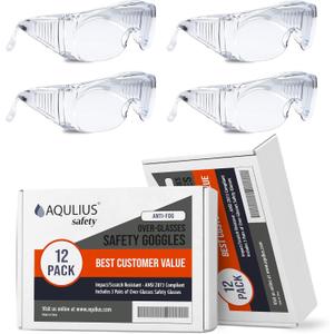 12 x Aqulius Over Glasses Safety Glasses & Safety Goggles - 12-Pack, Clear Polycarbonate - Anti-Fog & Scratch-Resistant Bulk Eye Protection for Sanding & Shooting - ANSI Z87+ Rated Side Shields