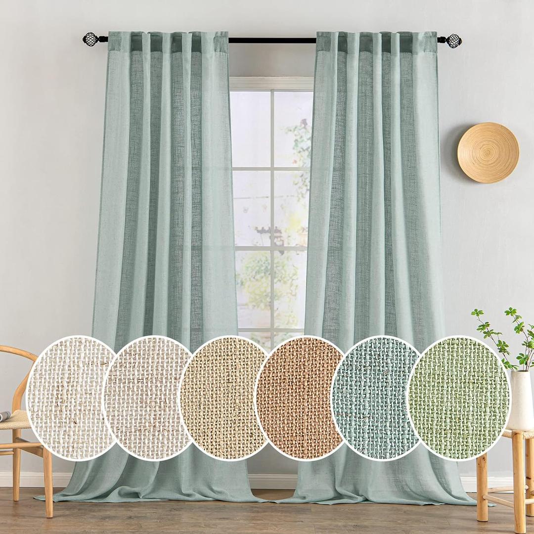 MIULEE Sea Green Linen Curtains 96 Inch Long for Bedroom Living Room, Soft Thick Linen Textured Window Drapes Semi Sheer Light Filtering Back Tab Rod Pocket Burlap Look Aqua Decor, 2 Panels