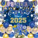 Blue and Gold Graduation Decorations 2025 with Congrats Grad Banner, Graduation Cake Topper, Backdrop, Hanging Swirls, Balloons for Class of 2025