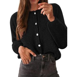 KIRUNDO Womens Cardigans Casual Loose Button Up Long Sleeve Crewneck Knit Cardigan Sweaters Open Front Outerwear Coats (Small, Black)