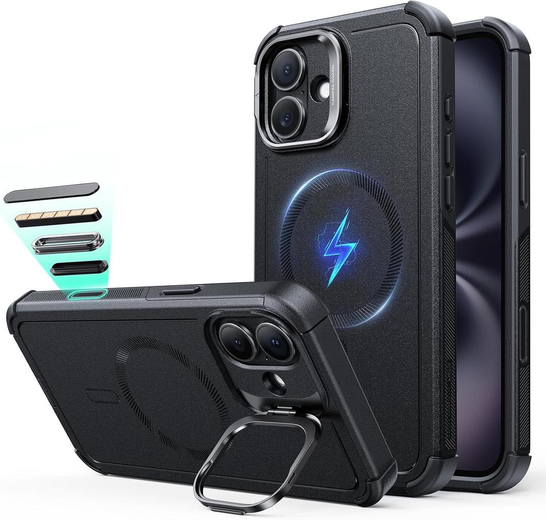 ESR for iPhone 16 Plus Phone Case with Stand, 23ft Military-Grade Drop Protection with Camera Control, Shock-Absorbing Rugged Cover, Compatible with MagSafe Accessories, Cyber Series, Black