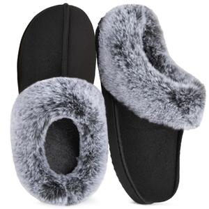 HomeTop Women's Classic Microsuede Memory Foam Slippers Durable Rubber Sole with Warm Faux Fur Collar (9-10 M, Black)