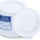 7 Inch White Plastic Plates, 100 Count Disposable Heavy Duty Dessert Plates, Durable Disposable Salad Plates,Premium Hard White Plates for Party, Weddings & Events