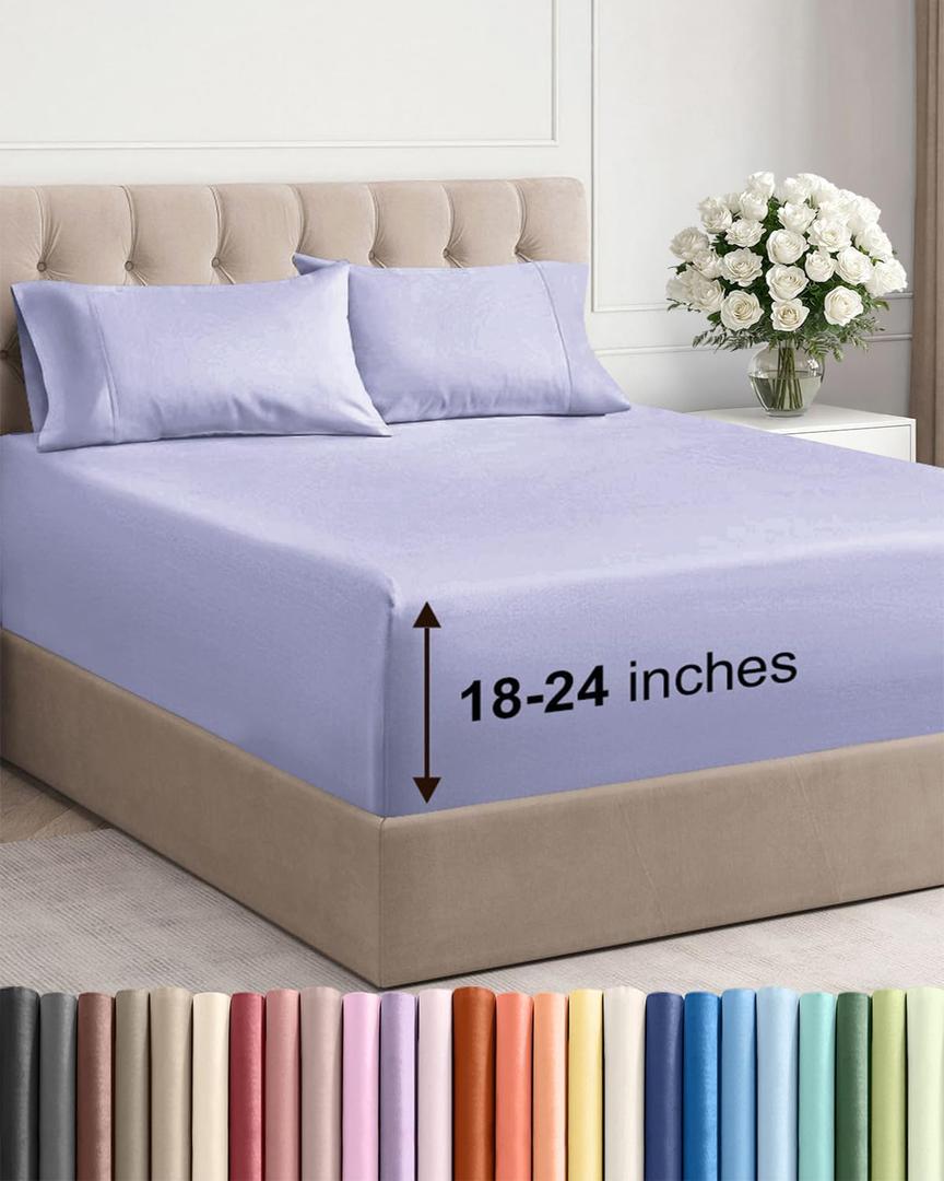 Extra Deep Queen Sheet Set - 4 Piece Breathable & Cooling Bed Sheets - Easily Fits 18 to 24 inch Mattress - Ultra Soft, Wrinkle & Fade Free with Extra Deep Pockets - Hotel Luxury Bedding - Lavender