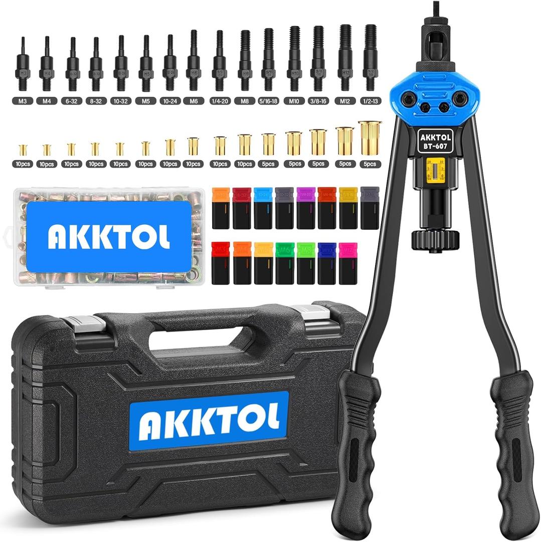 AKKTOL Rivet Nut Tool kit, 16" Rivnut Tool Kit with 15 Metric and SAE Mandrels, 125-PCS Rivet Nut Assortment Kit, Rugged Carrying Case, Ideal for Sheet Metal & Automotive Work AKKTOL Rivet Nut Tool kit, 16" Rivnut Tool Kit with 15 Metric and SAE Mandrels, 125-PCS Rivet Nut Assortment Kit, Rugged Carrying Case, Ideal for Sheet Metal & Automotive Work
