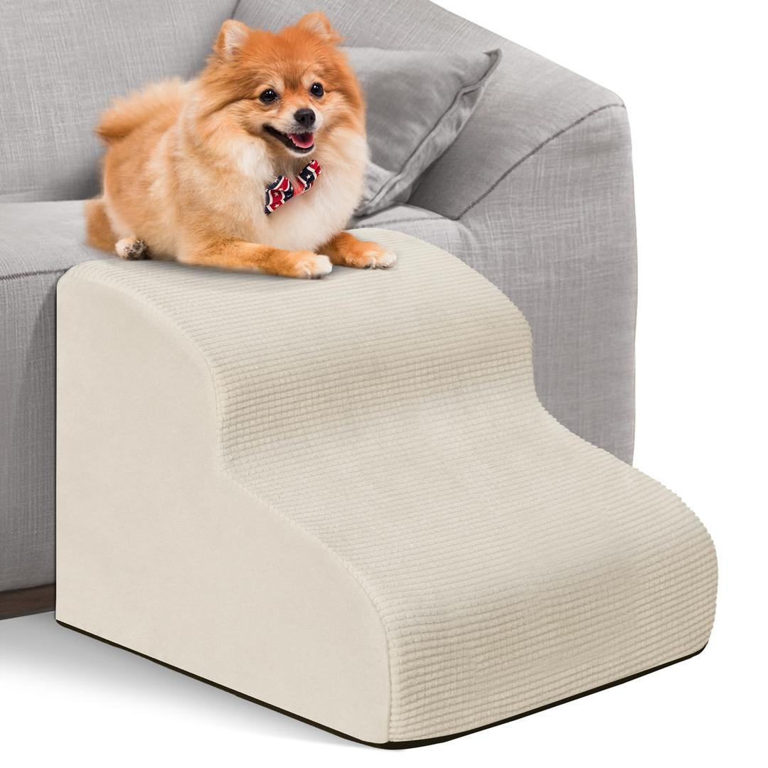 Dog Ramp Stairs 2 Steps for Small Dogs and Cats Light Beige, Pet Dog Ladder for Sofa Bed, Dogs Cats Ladder Non-Slip Foam with Removable and Washable Plush Cover, Send Lint Roller Set
