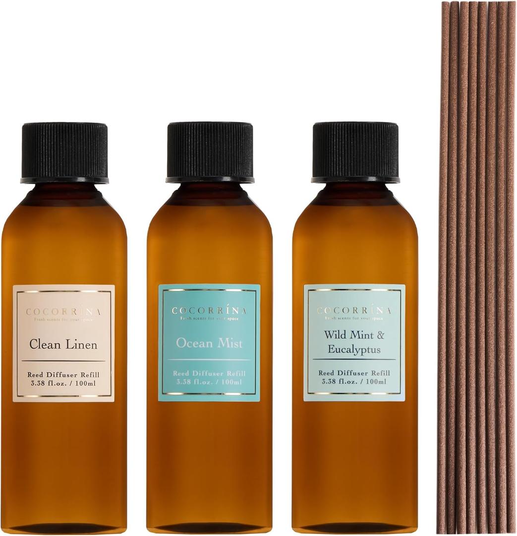 COCORRNA Reed Diffuser Refill Set, 10.2oz Scented Oil Refill 3 Pack, Clean Linen, Ocean Mist, Eucalyptus & Moss, Long Lasting Oil Diffuser Refill with 18 Sticks for Bathroom & Bedroom