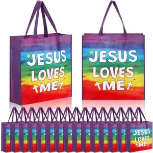 Hosuly 15 Pcs Christian Gift Bags Jesus Loves Me Religious Totes with Flat Bottom Non Woven Rainbow Reusable Jumbo Bags with Handle for VBS Church Party Favor Decoration
