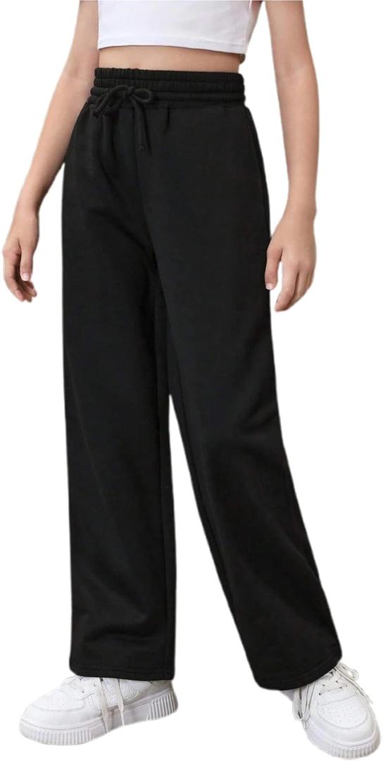 Girls Loose Straight Leg Sweatpants High Waisted Baggy Joggers with Drawstring Black 13-14Y (Black)