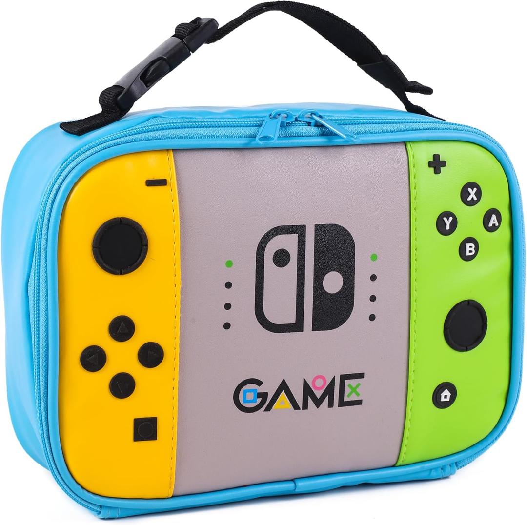 ONTESY Boys Lunch Bag Gamer Switch Insulated Bag Thick Foam Shatterproof Lunch Box Easy Clean Leather Mini Cooler for Boys Girls Kids Toddlers Teens Men Women for School Picnic (Teal)