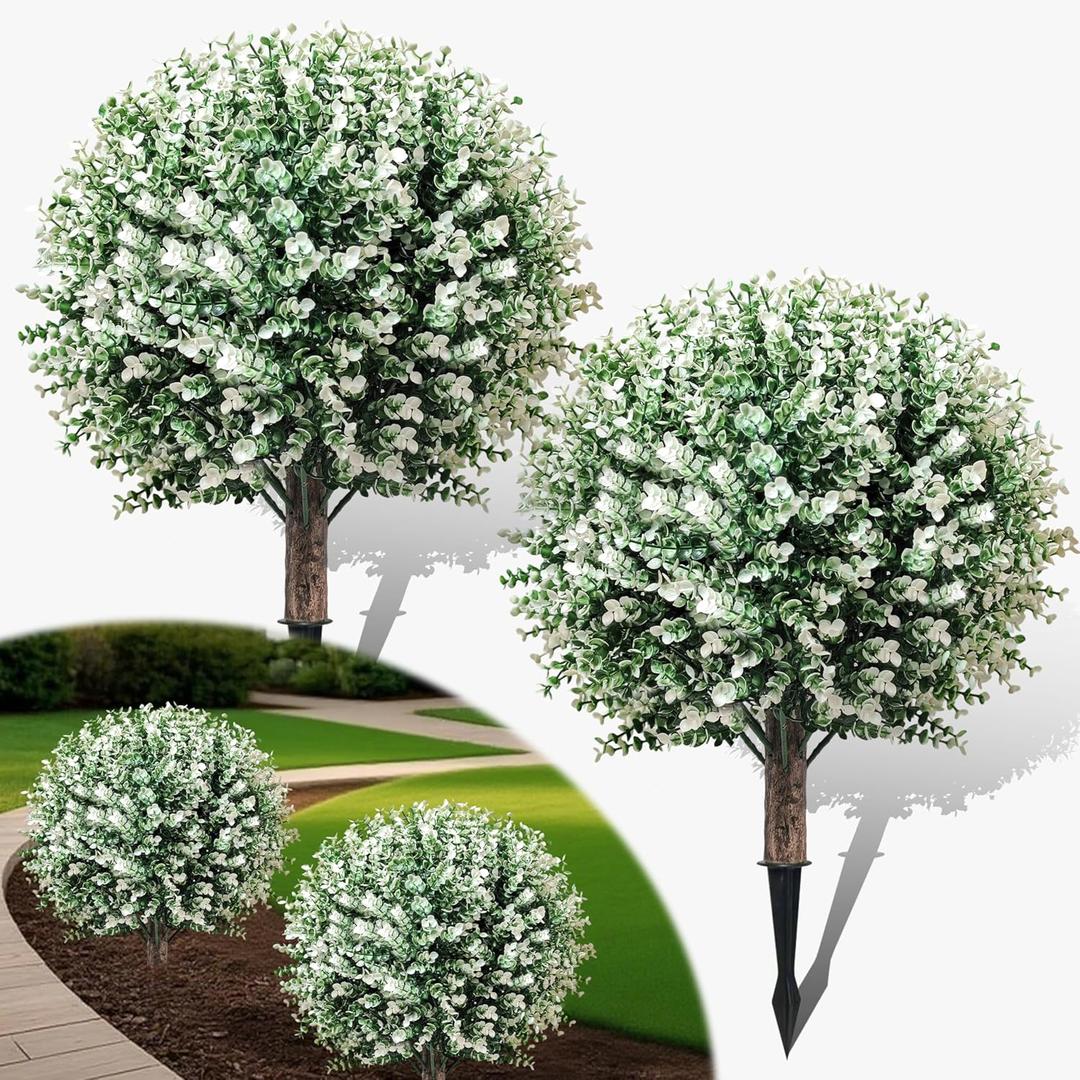 Artificial Boxwood Topiary Ball Trees with Spike, 2 Pack 24.5" Faux Plants, Bushes Shrubs Outdoor UV-Resistant Fake Greenery for Planters, Porch, Garden, Home Office, Spring Decor  White