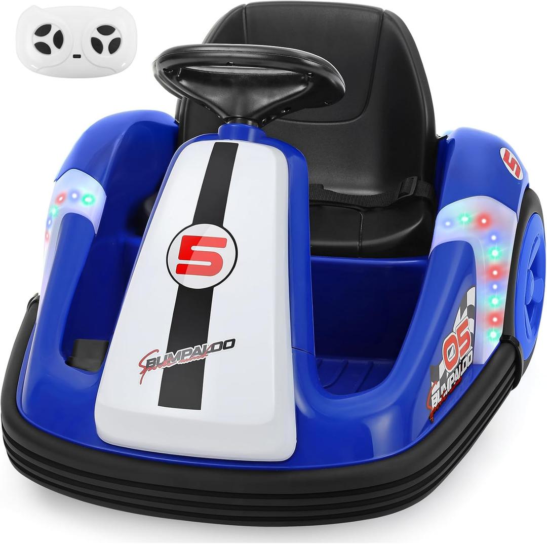 ELEMARA 12V Kids Bumper Car with Big Wheel, 2.2 Mph Max, Toddler Bumper Cars with Remote, Baby Bumping Toy Car with DIY Stickers,360 Degree-Spin, Music, Bluetooth,LED Lights, Blue 