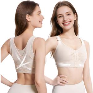 Fit Geno Posture Bra for Women: Wireless Front Closure Posture Corrector Bra with Wide Adjustable Straps (30-32A/D, Beige)