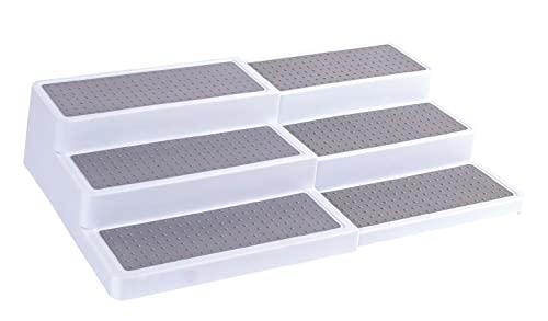 Oizeir 3–Tier Expandable Plastic Spice Rack - Adjustable Length, Stability with Non-Skid Shelf, Three Tiers for Easy Visibility, Organizer for Kitchen Cabinet, Pantry or Countertop, White/Grey