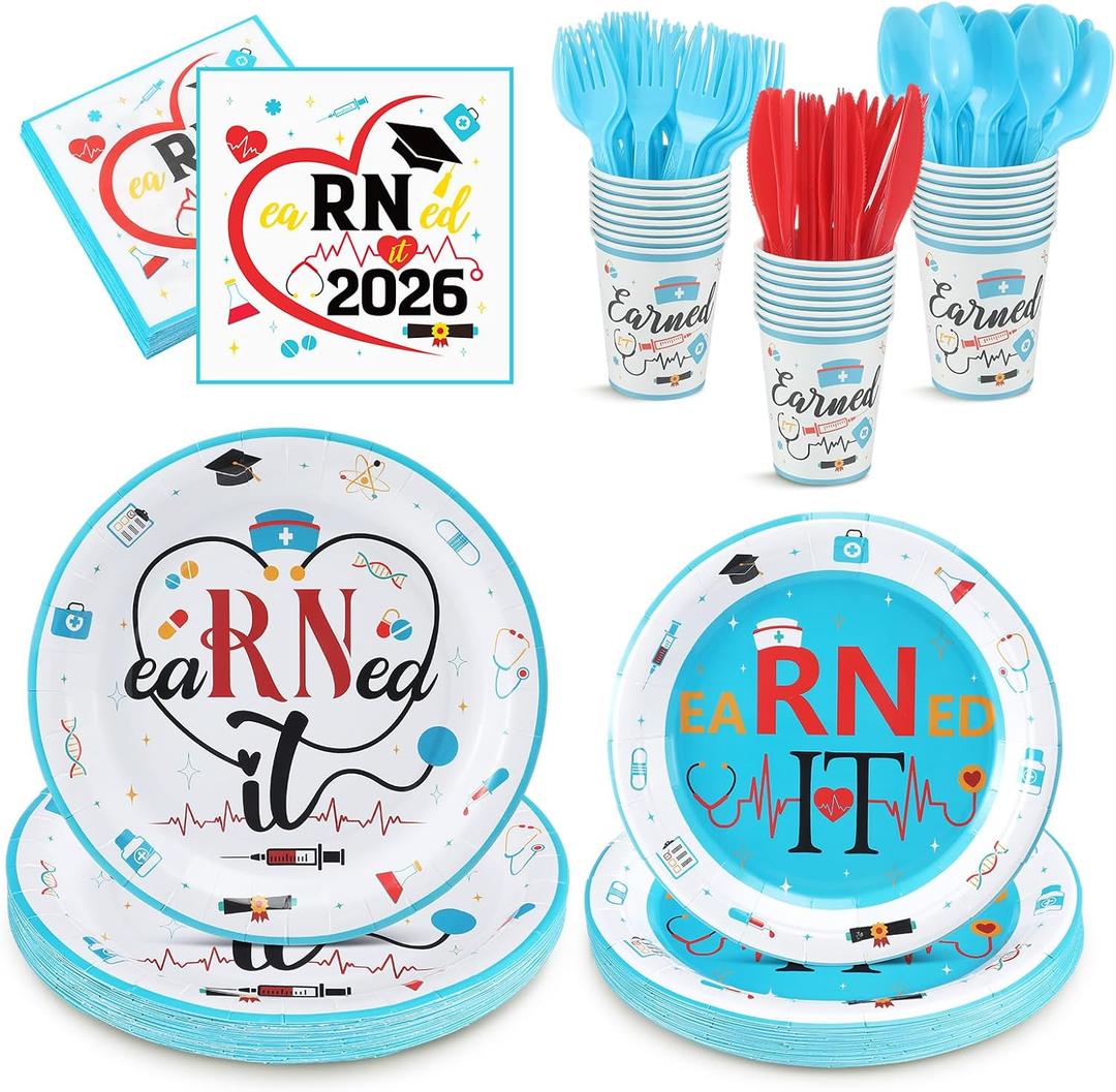 Teenyyou 175 Pcs Nurse Graduation Party Supplies Class of 2026 Medical Nursing School Graduation Decorations Earned It Nurse Plates and Napkins Set for Congrats Grad Party Decor Serve 25