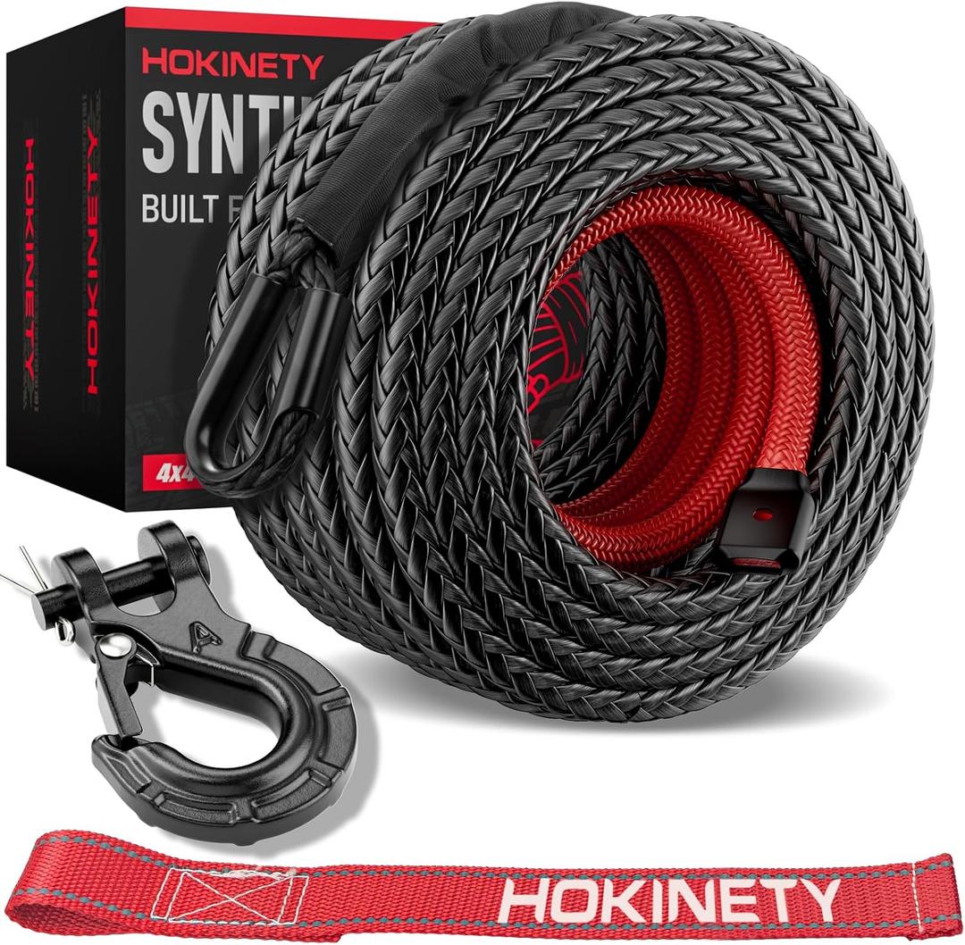 Synthetic Winch Rope Kit - 3/8" x 100' 27000 lbs Synthetic Winch Cable for ATV UTV Off-Road Vehicles with Forged Hook, Protective Sleeve and Safety Pull Strap - Black