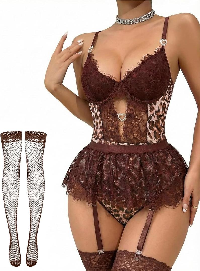 Alrovetoney Women Lingerie Set Naughty Lace Bodysuit High Waisted Underwire Lingerie Babydoll With Garter Belt and Stockings (Brown, XS)