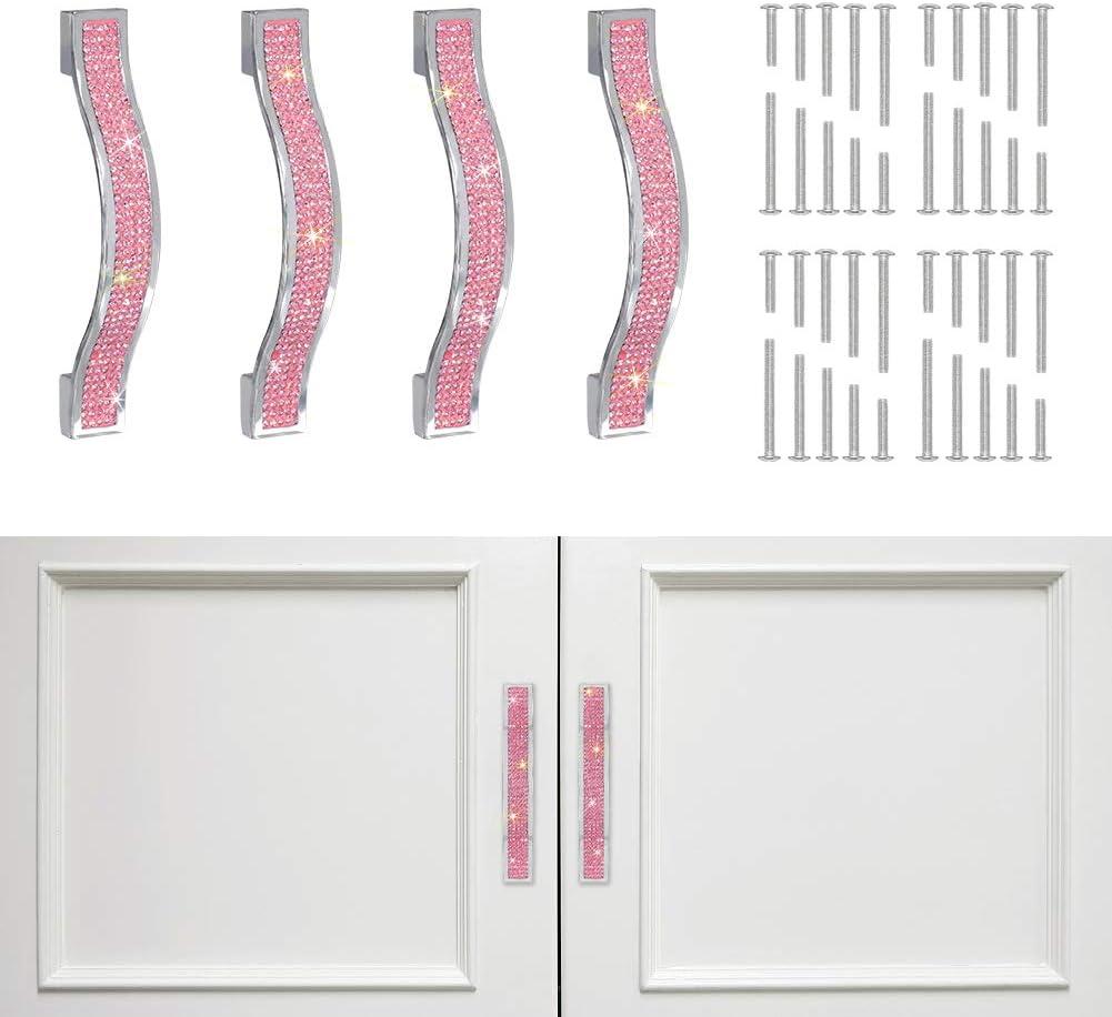 SAVORI Drawer Pulls Handle Bling Crystal Dresser Cupboard Closet Cabinet Wardrobe Door Furniture Handles Hardware Handle Pull for Home Kitchen Bathroom 4 Pack (11cm - 4 Pack, Pink)