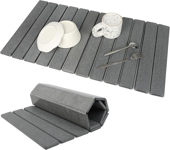 2 PCS Extra Large Stone Dish Drying Mat for Kitchen Counter, 28"×16" Marble Dish Drying Mat with 8"x 4" Coasters, Non  Slip Collapsible Absorbent Mat for Multi  Purpose, Match Any Countertop
