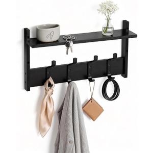 PEKER Coat Rack Wall Mount with Shelf, Solid Wood Entryway Organizer with 4 Metal Hooks, Wall-Mounted Organizer for Entryway, Bathroom, Bedroom & Kitchen, Hanging Rack for Coats, Hats, Bags & Towels