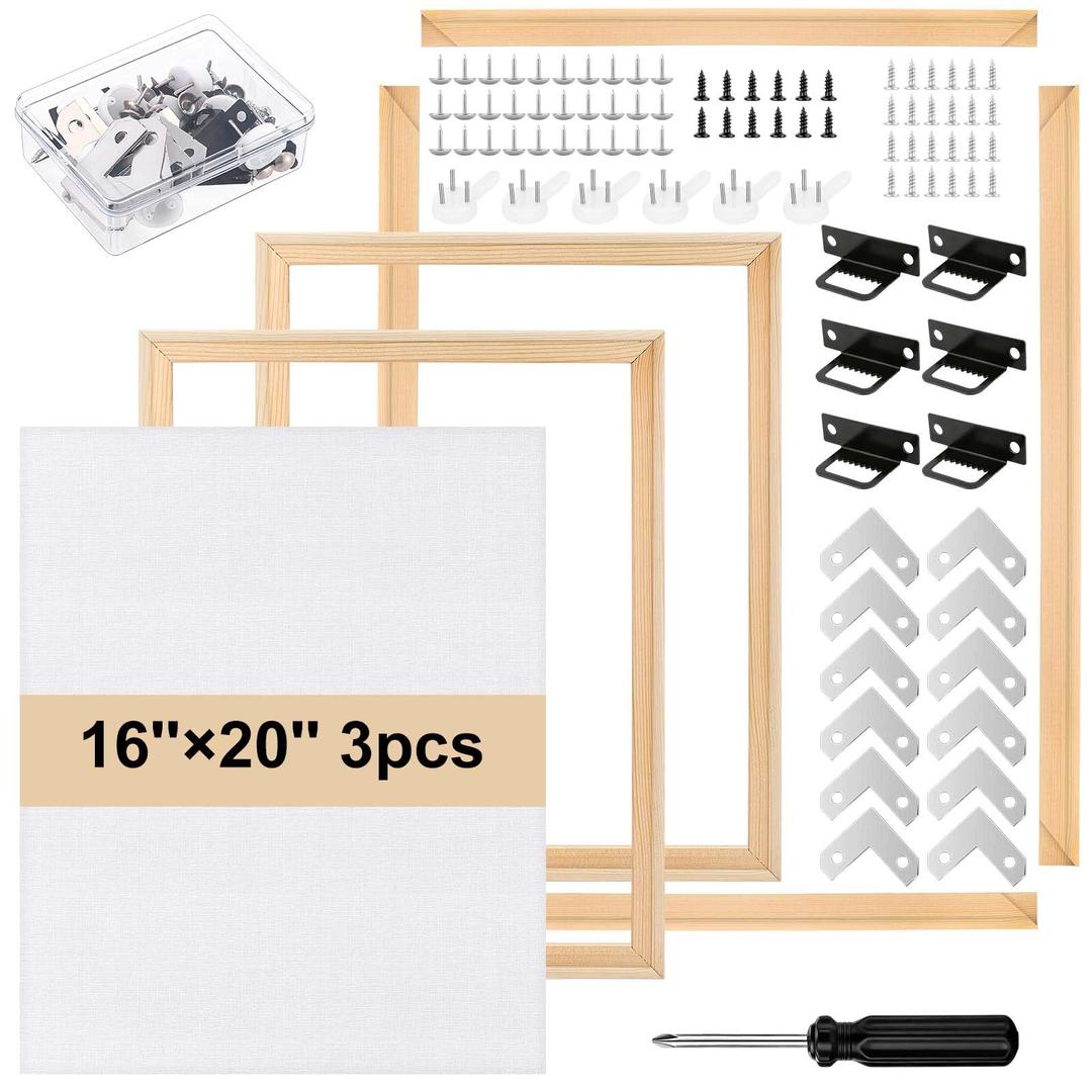 3 Set 16x20 Inch DIY Wood Canvas Frame Kit Wooden Stretcher Bars with Painting Canvas Removable Lightweight Stretcher Frames for Oil Painting Canvas Art Diamond Embroidery Stitch Supplies