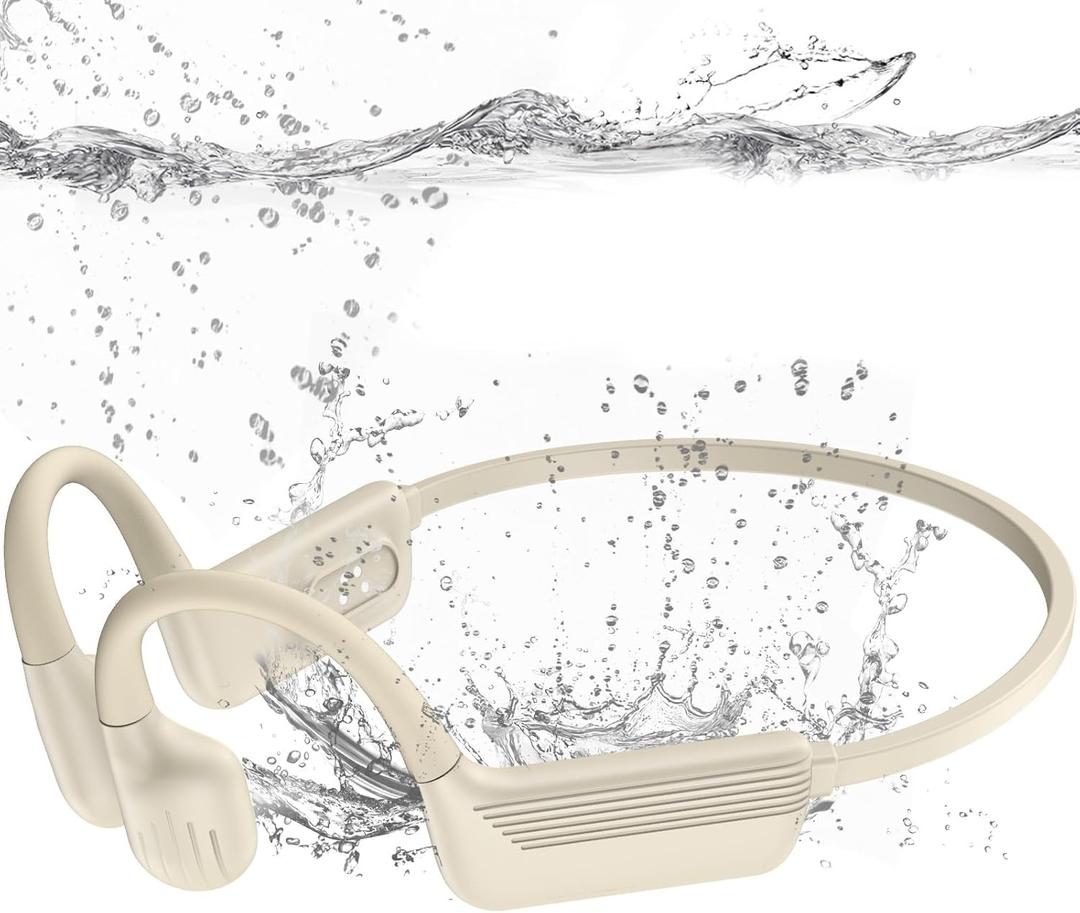 Swimming Headphones-Bone Conduction Headphones, IP68 Waterproof Open Earphones, LiteSurge Bluetooth 5.4 Underwater Sport Earbuds with 32 GB MP3 Memory for Swimming, Marathon-Khaki