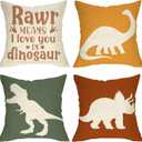 Dinosaur Rawr Means I Love You Home Decorative Throw Pillow Cover Set of 4, Inspirational Quote Cushion Case 20x20 for Boy Kid, Bedroom Nursery Sofa Couch Decor Dino Baby Shower Decoration Gifts