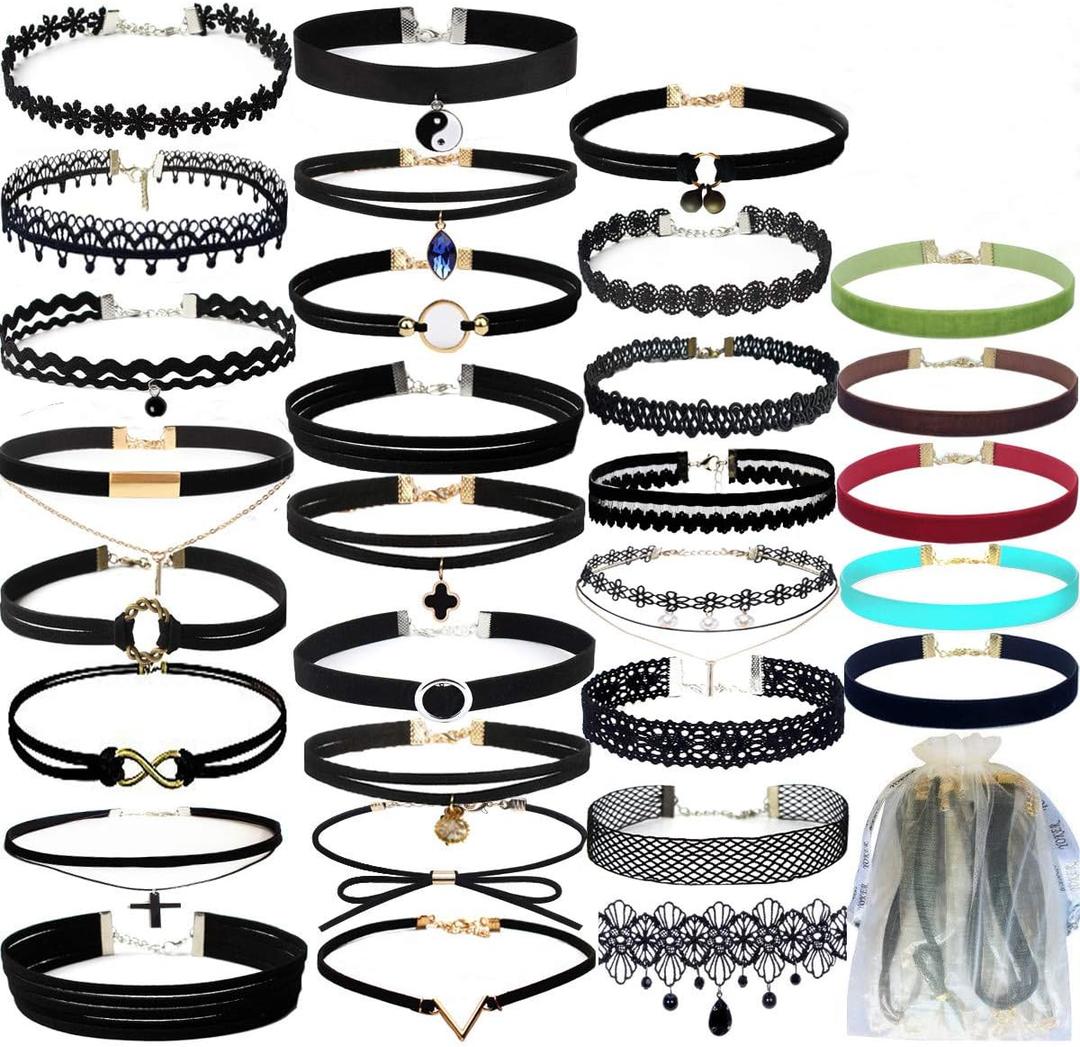YOKER 30 PCS Necklaces Black Velvet Choker Set for Women Adjustable Classic Gothic Tattoo Lace Chokers Stretch Necklace for Party Cosplay Christmas Birthday