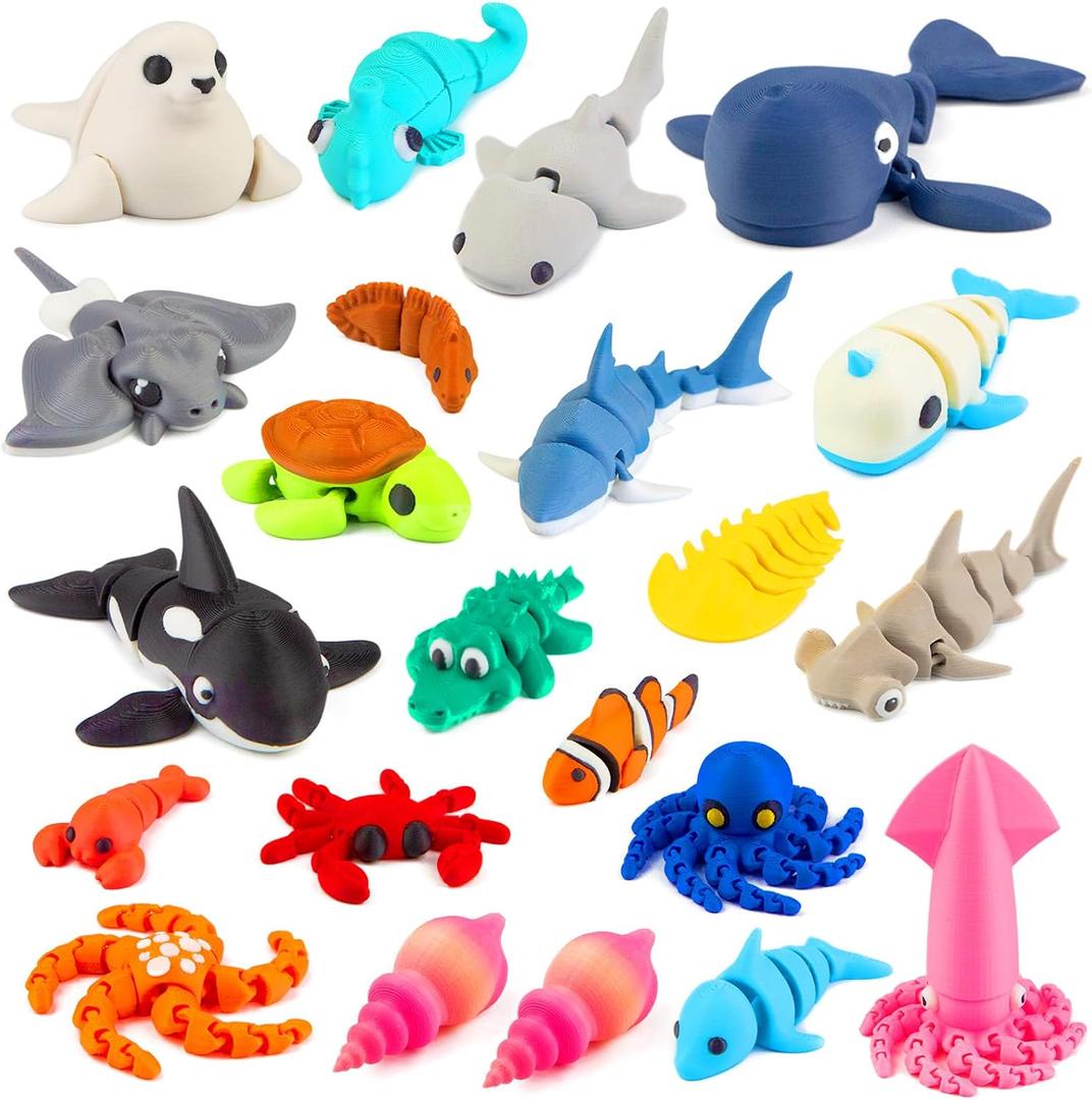 22PCS 3D Printed Sea Animals Toys, 3D Printed Ocean Animals Articulating Flexible Fidget Toys, Cute Animal Figurines Toys for Easter Birthday Party Favors Office Desktop Home Decoration